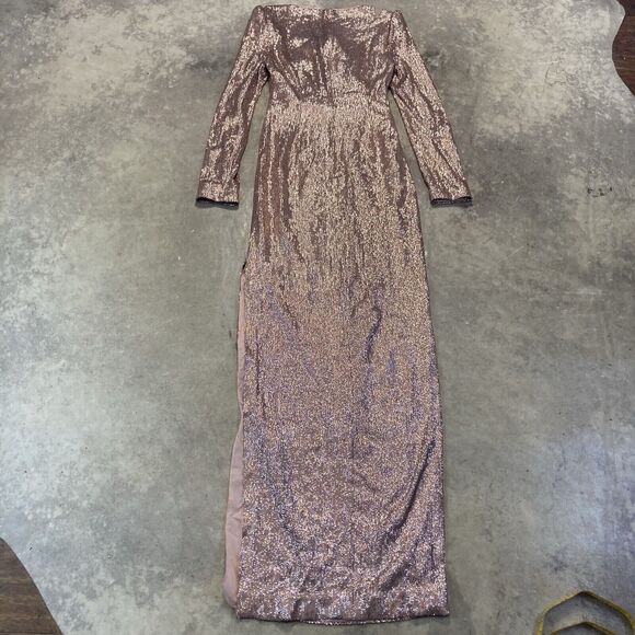 Rachel Zoe Dress Womens 2 Sequin Bellini Pink Long Sleeve Maxi Side Slit Evening - Picture 9 of 14
